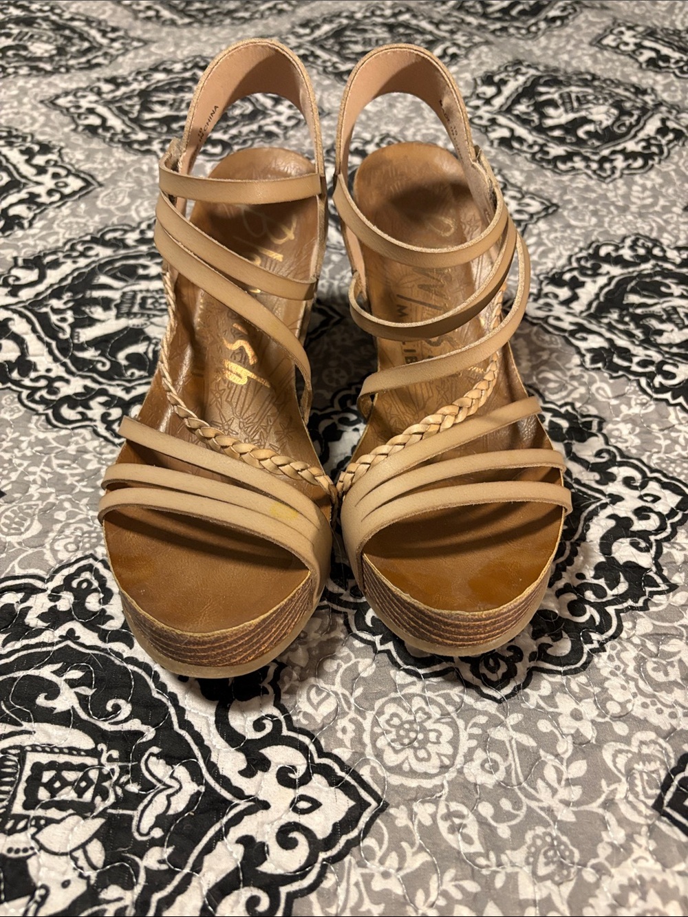 Tan Strappy Wedge Sandals with Braided Detail